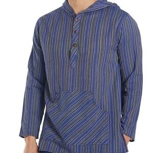 Yak N Yeti Poncho Men Lg Blue Stripe Shirt Reggae Baja Hippie 100% Cotton BOHO